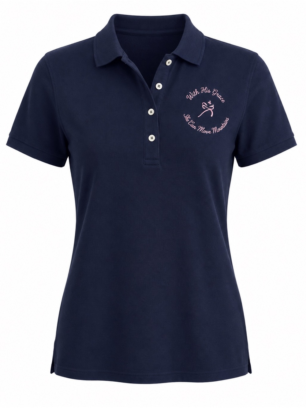 Navy Blue Polo Shirt with Pink Embroidery